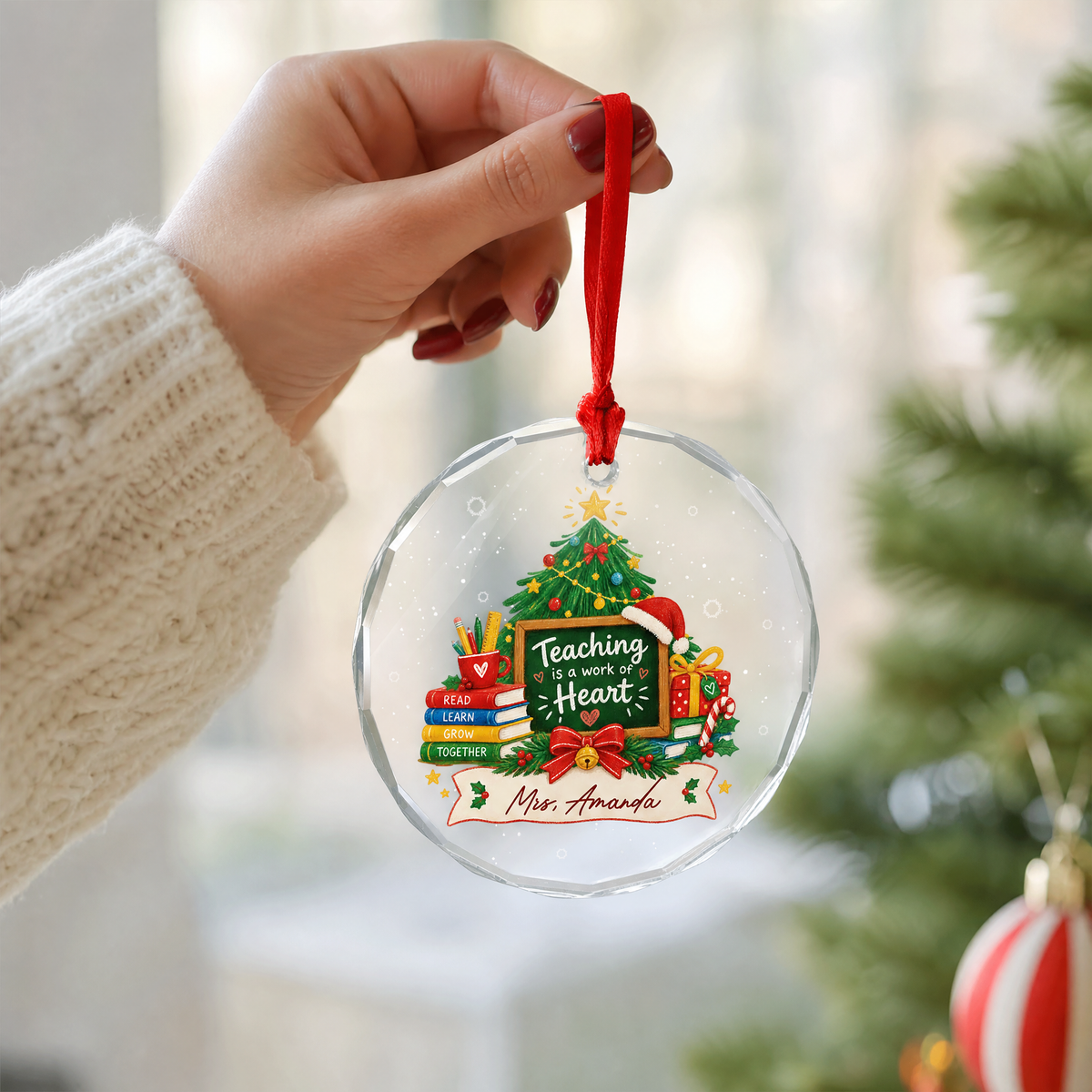 Personalized teacher Christmas glass ornament gift idea
