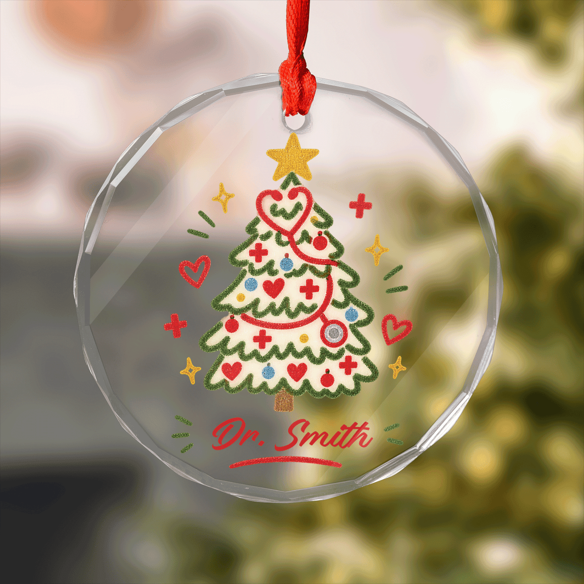 Round clear glass ornament with a stethoscope Christmas tree, hearts and a custom doctor name
