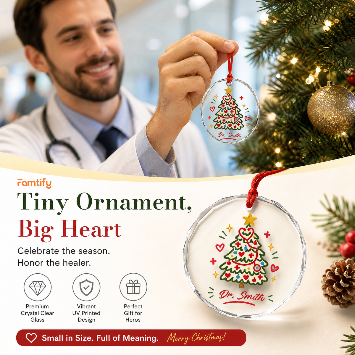 Personalized stethoscope Christmas tree glass ornament in a cozy holiday setting