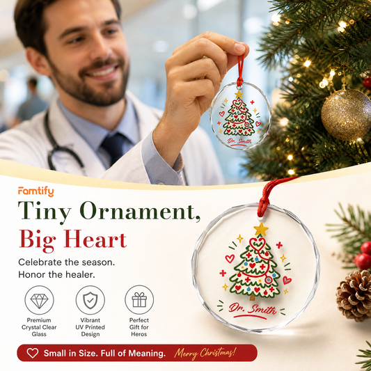 Personalized stethoscope Christmas tree glass ornament in a cozy holiday setting