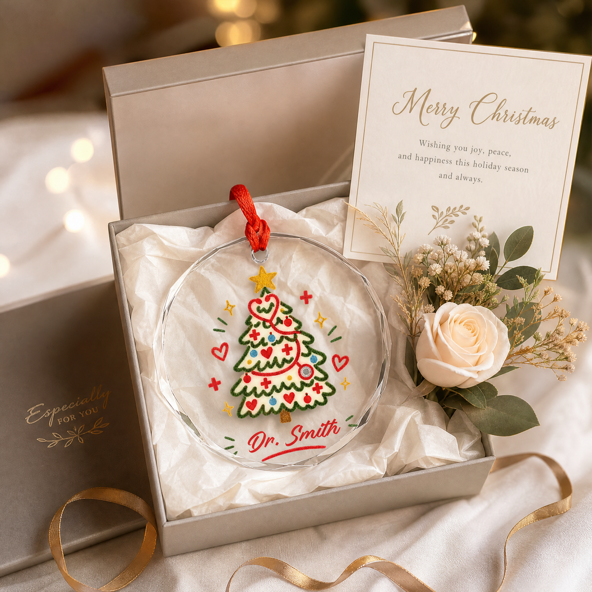 Personalized medical Christmas glass ornament as a gift for healthcare workers