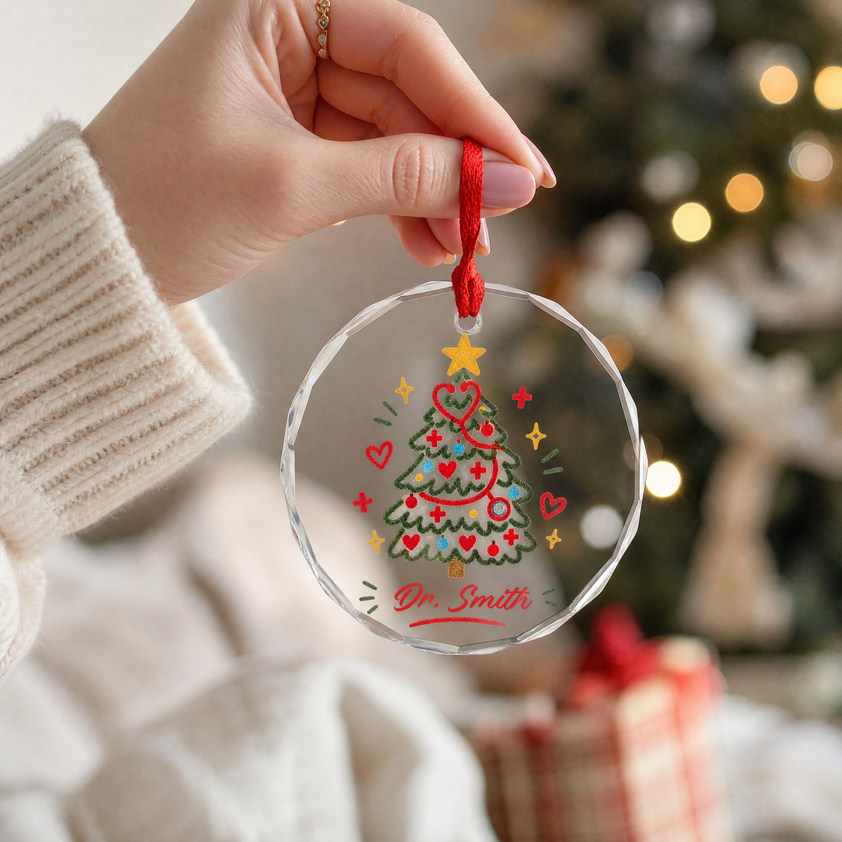 Clear glass stethoscope tree ornament with custom name for holiday decor