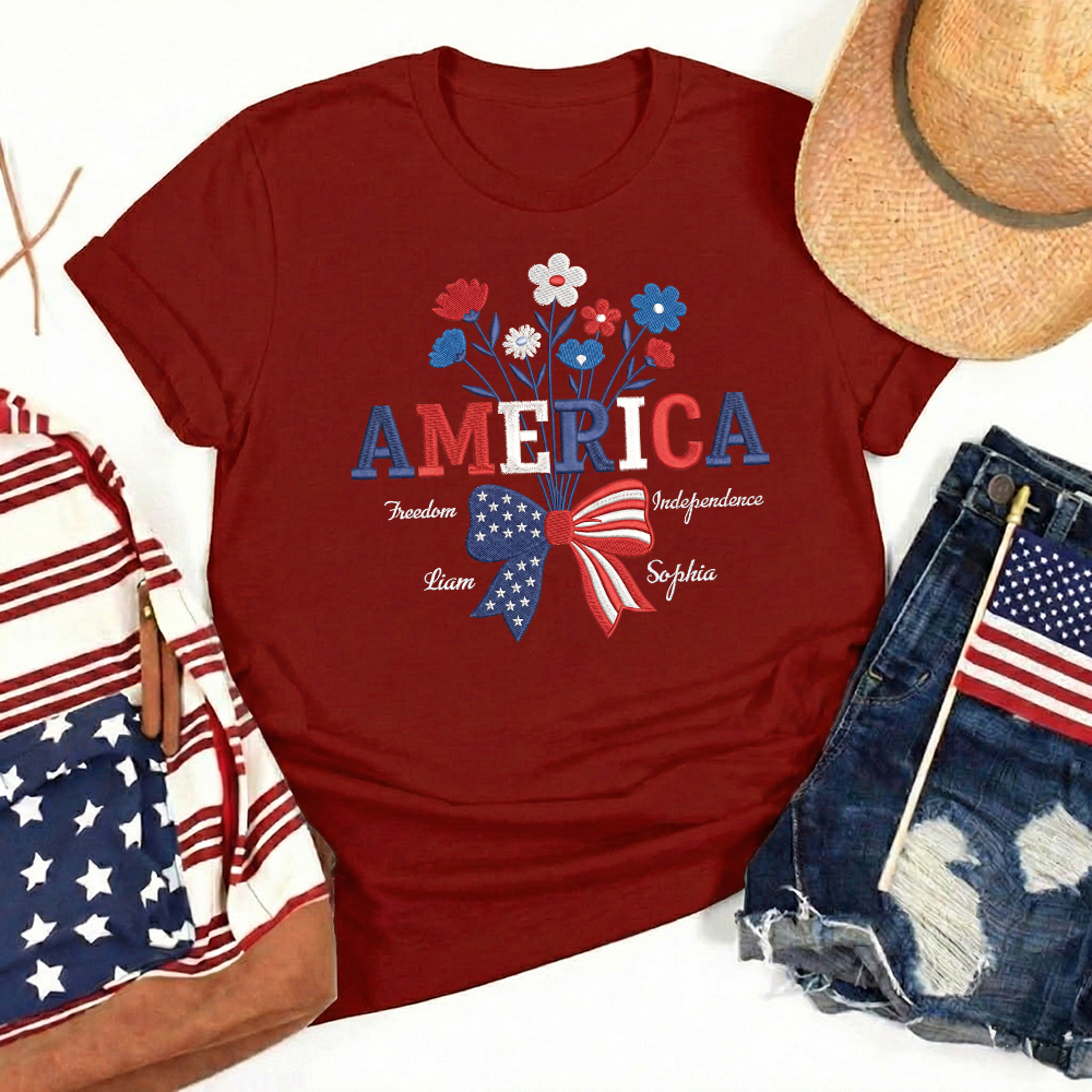 USA 250 Years Strong Floral T-Shirt - Embroidered Independence Day Tee (1776-2026)