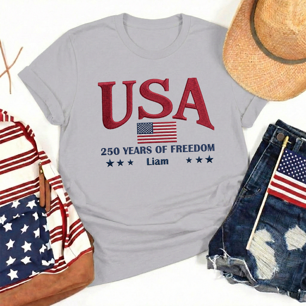 USA 250th Anniversary Embroidered T-Shirt - Celebrate Freedom Patriotic Gift
