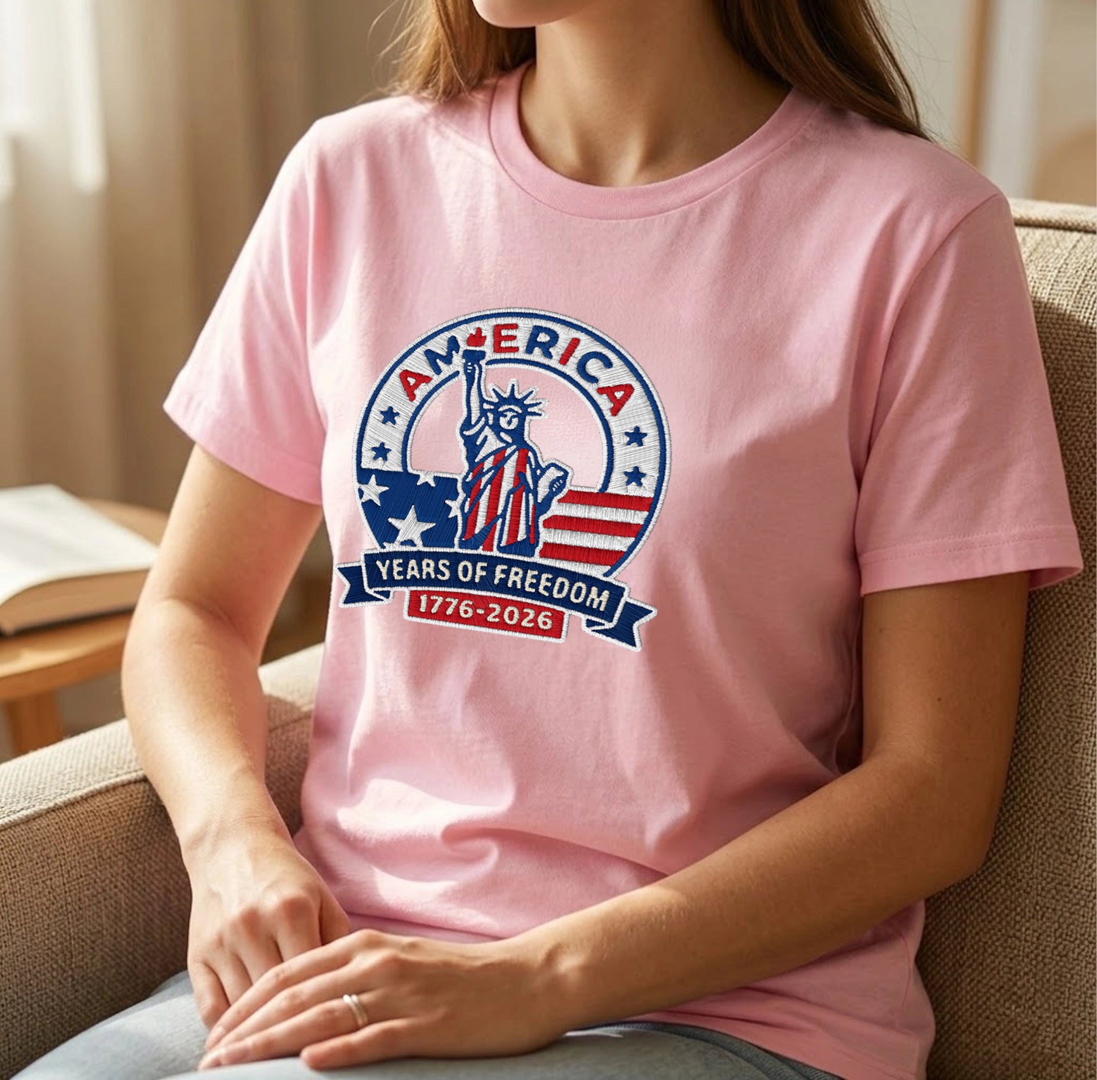 America 250th Anniversary Patriotic Embroidered T-Shirt - Independence Day Tee