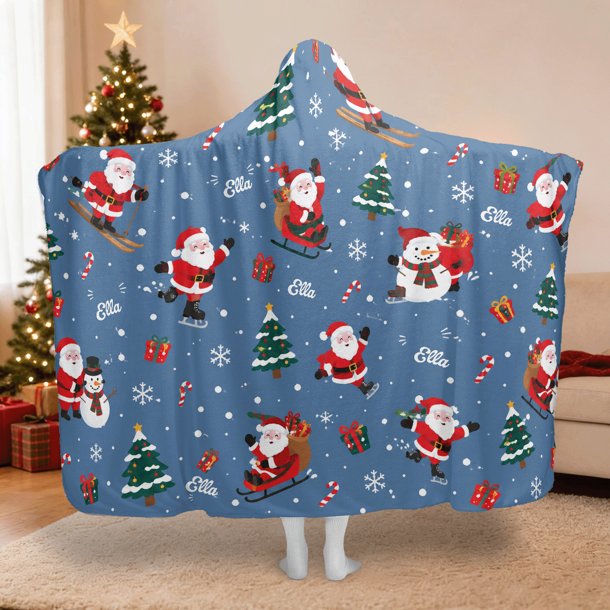 Personalized skiing skating Santa Christmas hooded blanket with custom name, back view