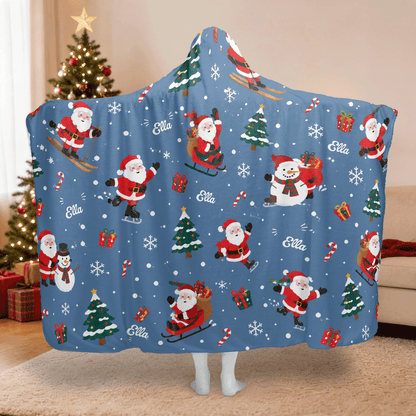 Personalized skiing skating Santa Christmas hooded blanket with custom name, back view