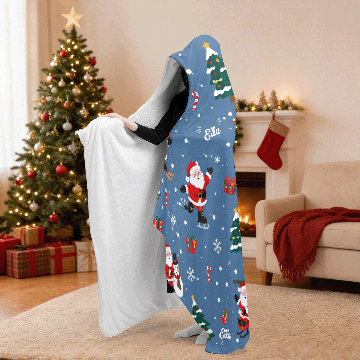 Personalized skiing skating Santa hooded blanket side view showing the sherpa lining