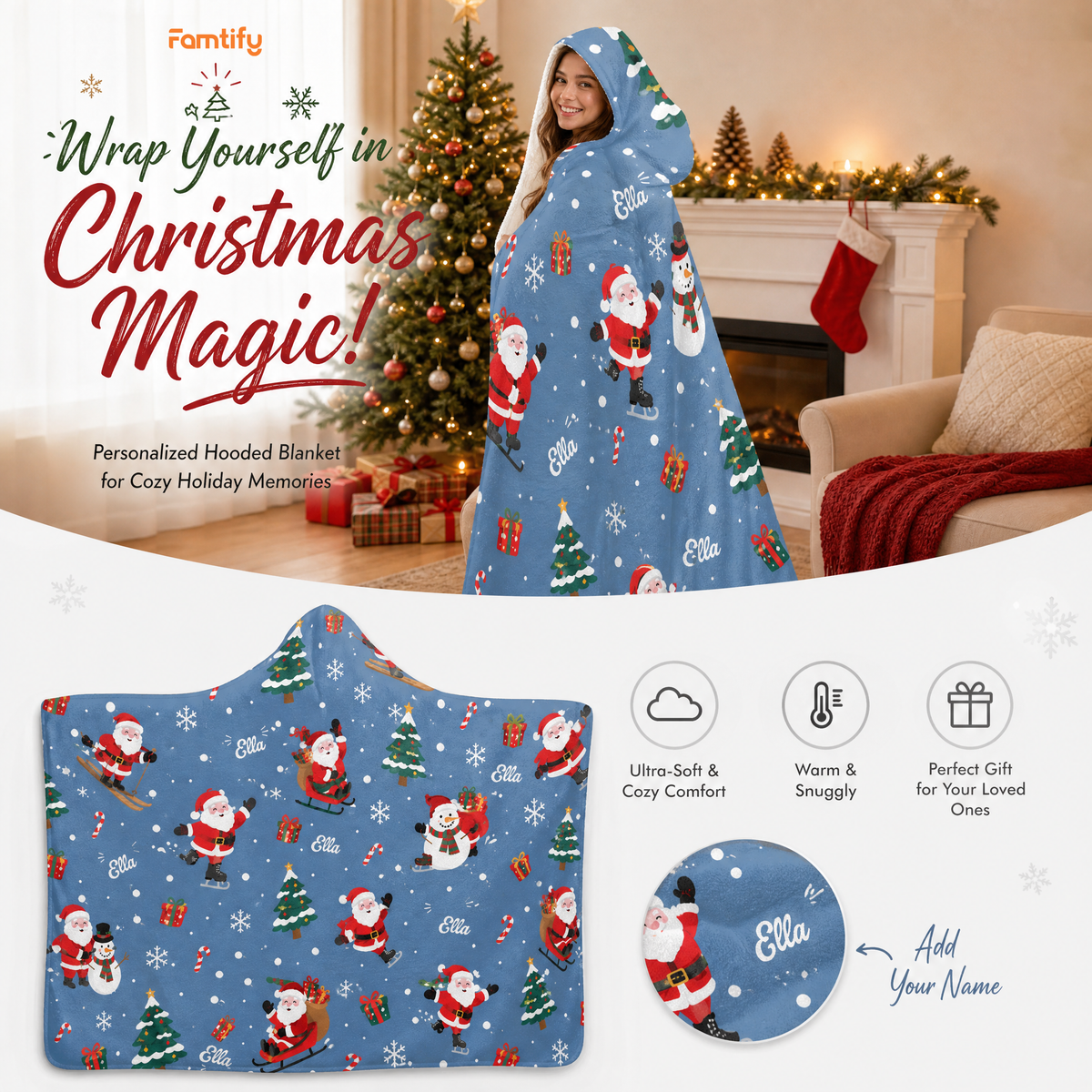 Custom name skiing skating Santa Christmas hooded blanket, view 3