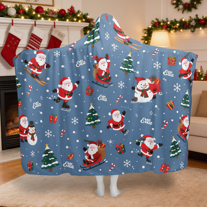 Custom name skiing skating Santa Christmas hooded blanket, view 4