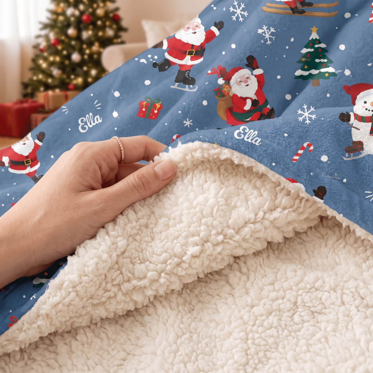 Custom name skiing skating Santa Christmas hooded blanket, view 6