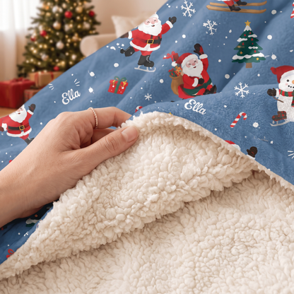 Custom name skiing skating Santa Christmas hooded blanket, view 6