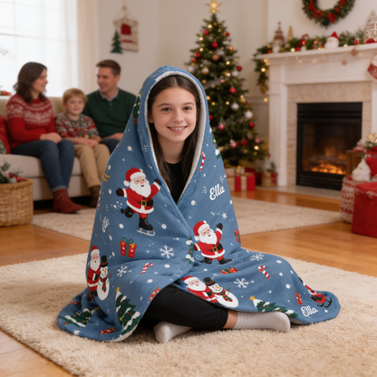 Custom name skiing skating Santa Christmas hooded blanket, view 7