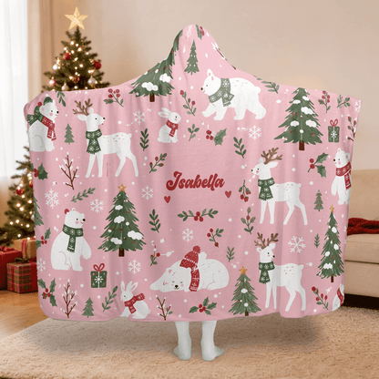Personalized polar bear reindeer woodland Christmas hooded blanket with custom name, back view