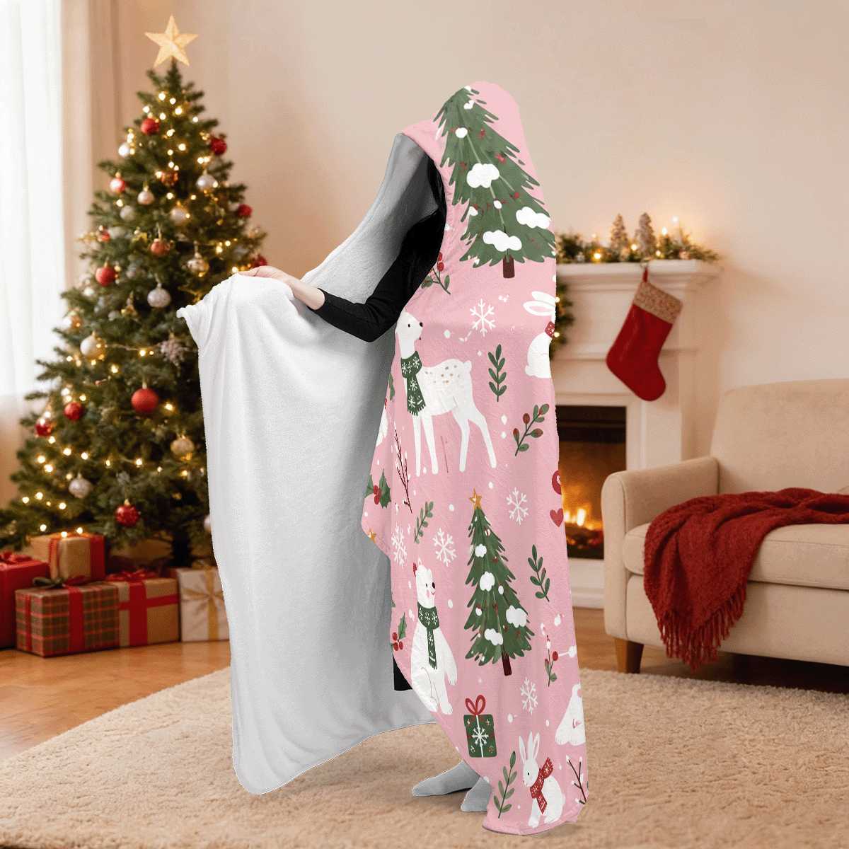 Personalized polar bear reindeer woodland hooded blanket side view showing the sherpa lining