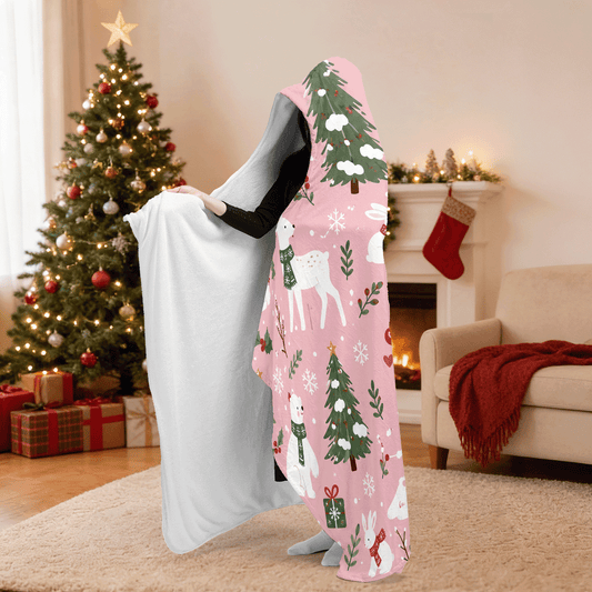 Personalized polar bear reindeer woodland hooded blanket side view showing the sherpa lining
