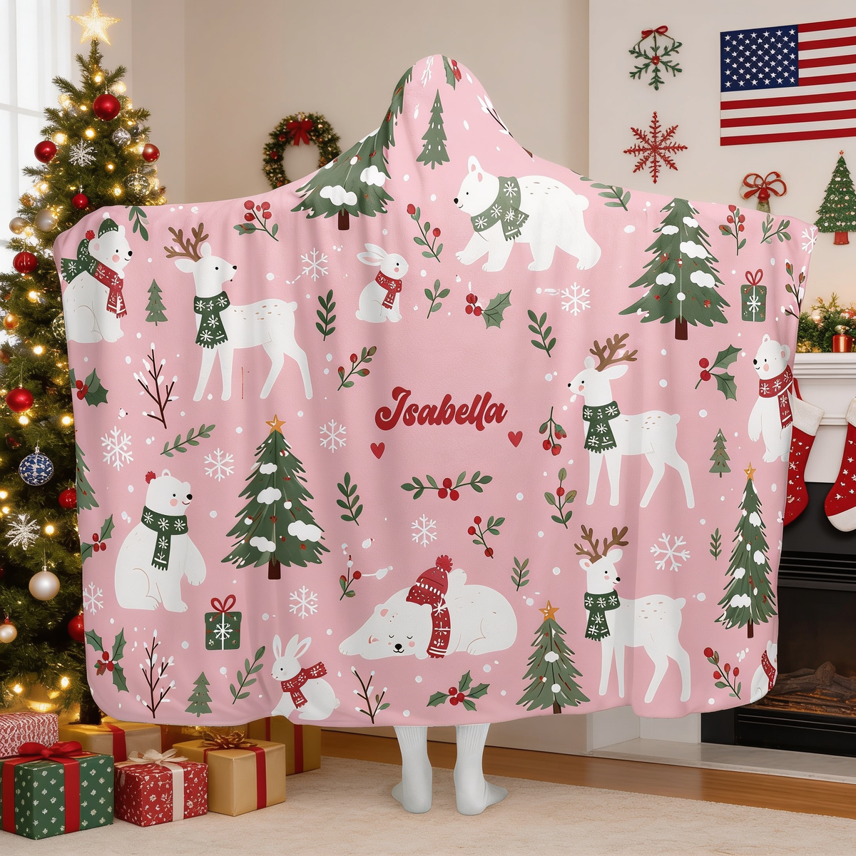 Custom name polar bear reindeer woodland Christmas hooded blanket, view 3