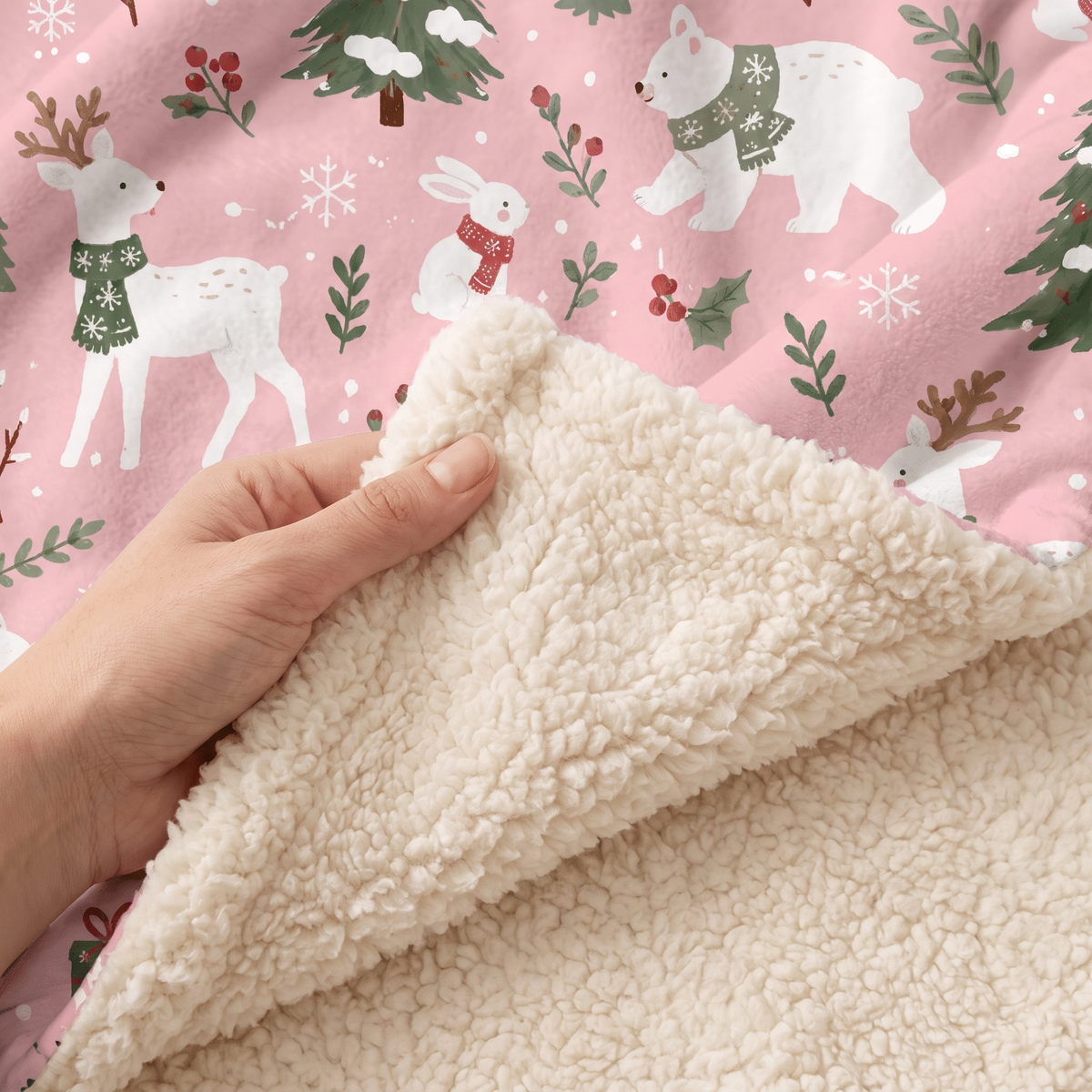 Custom name polar bear reindeer woodland Christmas hooded blanket, view 4
