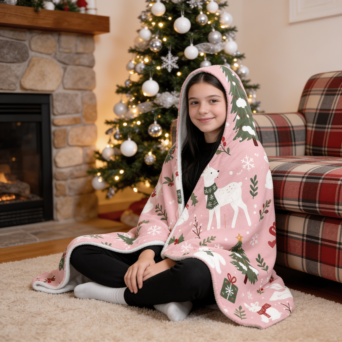 Custom name polar bear reindeer woodland Christmas hooded blanket, view 6