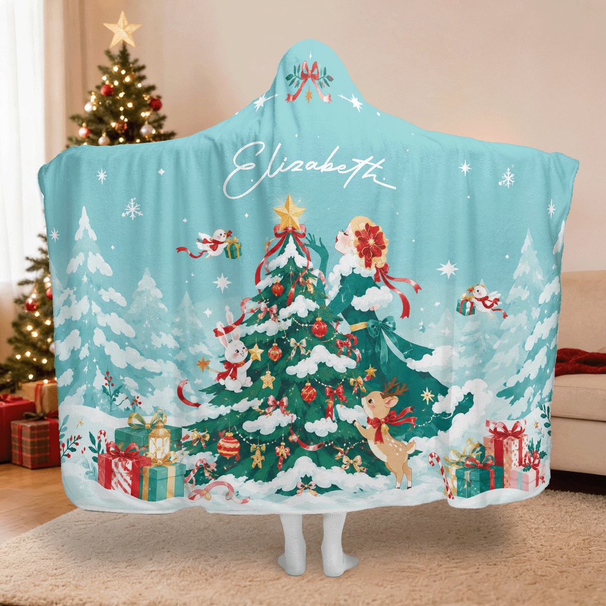 Personalized snowy forest Christmas tree hooded blanket with custom name, back view