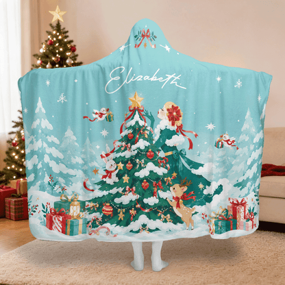 Personalized snowy forest Christmas tree hooded blanket with custom name, back view