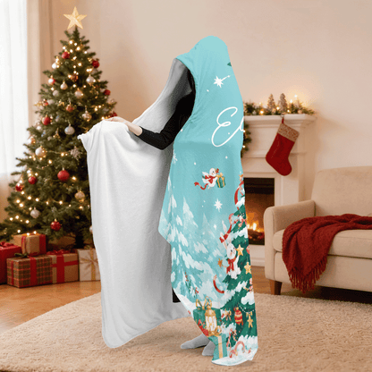 Personalized snowy forest Christmas tree hooded blanket side view showing the sherpa lining