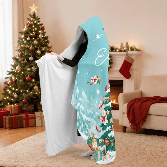 Personalized snowy forest Christmas tree hooded blanket side view showing the sherpa lining