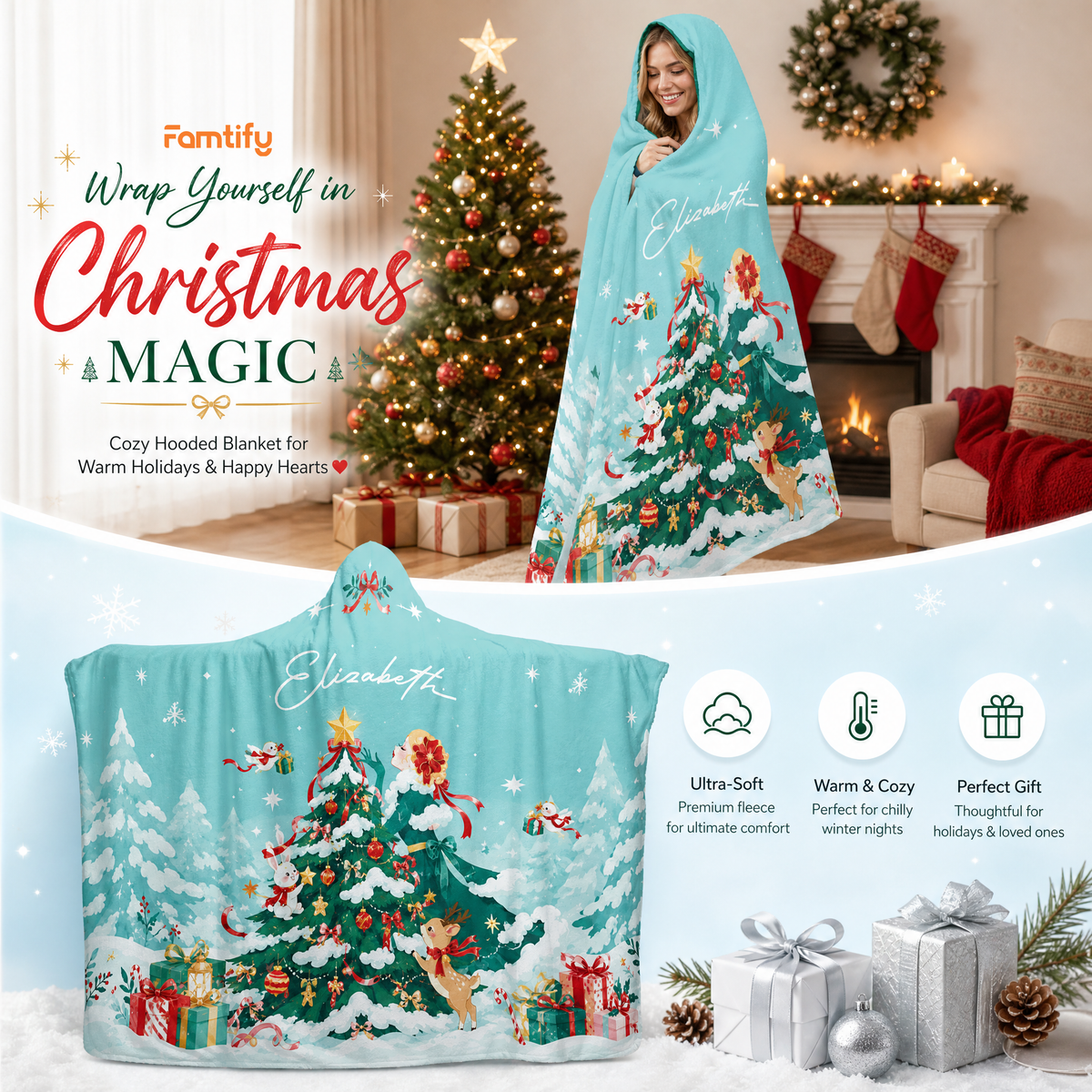 Custom name snowy forest Christmas tree hooded blanket, view 3