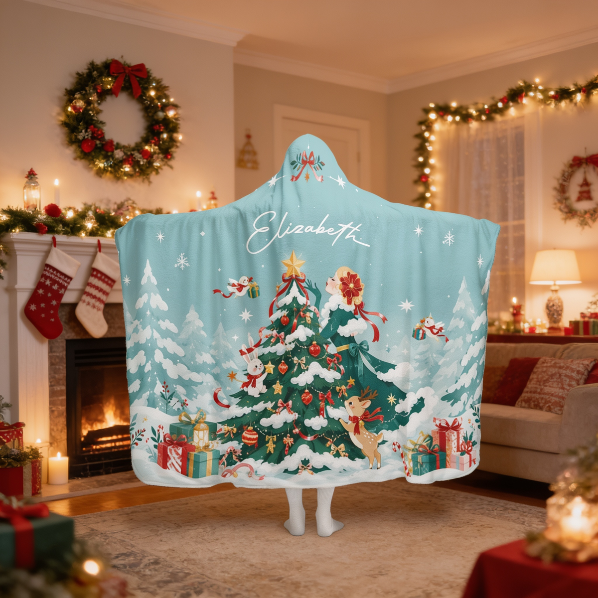 Custom name snowy forest Christmas tree hooded blanket, view 4