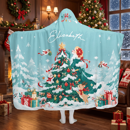 Custom name snowy forest Christmas tree hooded blanket, view 7