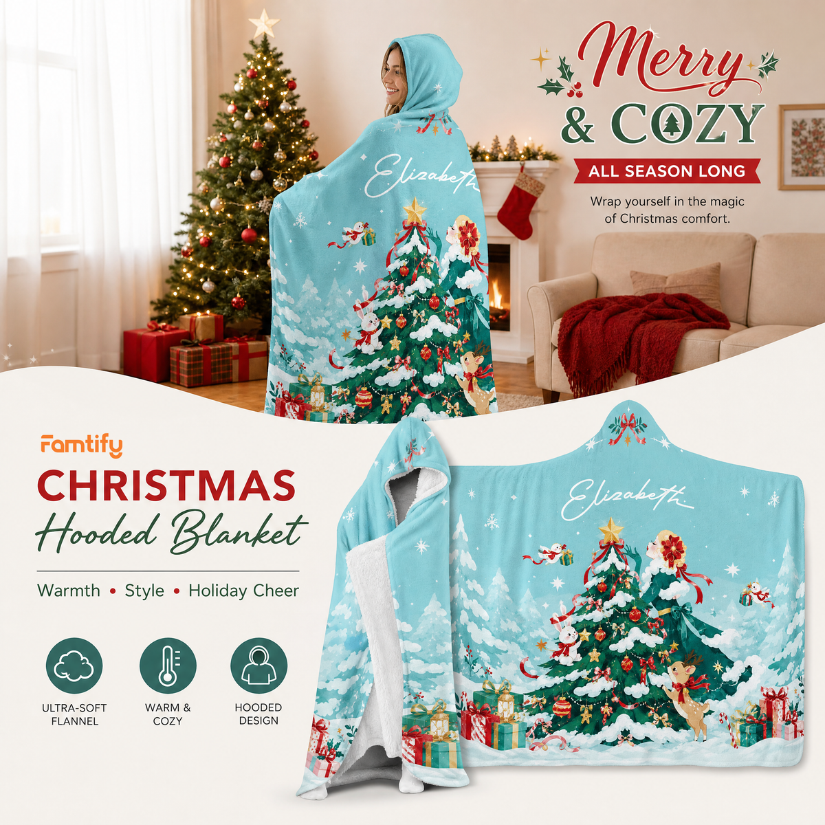 Custom name snowy forest Christmas tree hooded blanket, view 8
