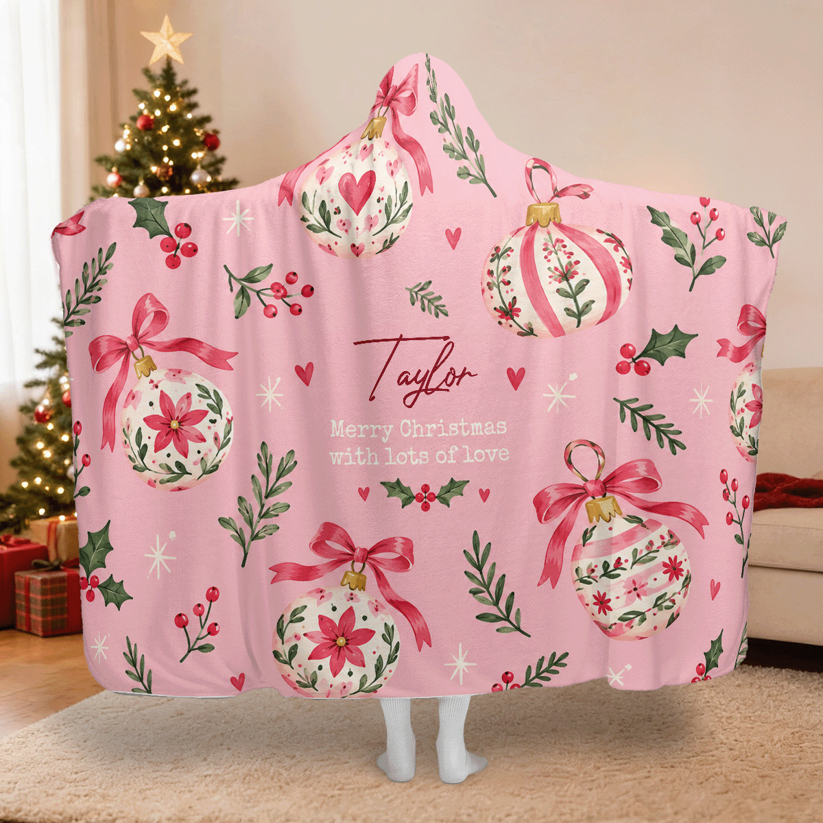 Personalized painted ornament ribbon bow Christmas hooded blanket with custom name, back view