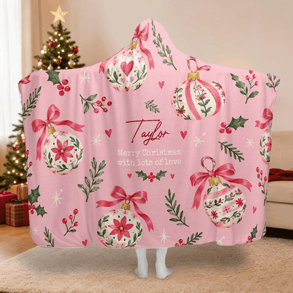 Personalized painted ornament ribbon bow Christmas hooded blanket with custom name, back view