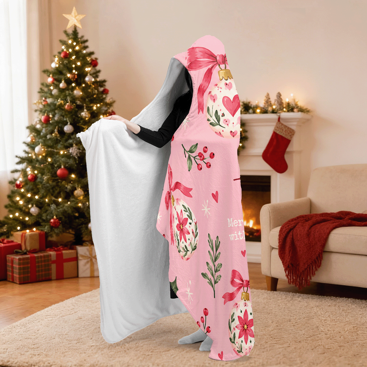 Personalized painted ornament ribbon bow hooded blanket side view showing the sherpa lining