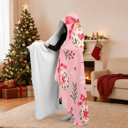 Personalized painted ornament ribbon bow hooded blanket side view showing the sherpa lining
