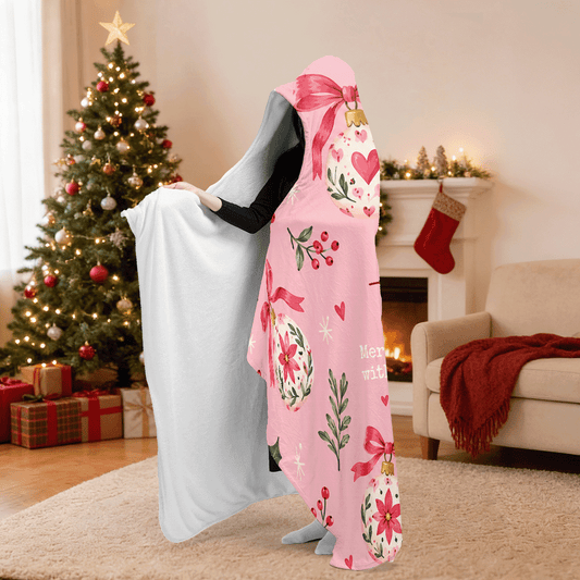 Personalized painted ornament ribbon bow hooded blanket side view showing the sherpa lining
