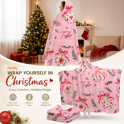 Custom name painted ornament ribbon bow Christmas hooded blanket, view 3