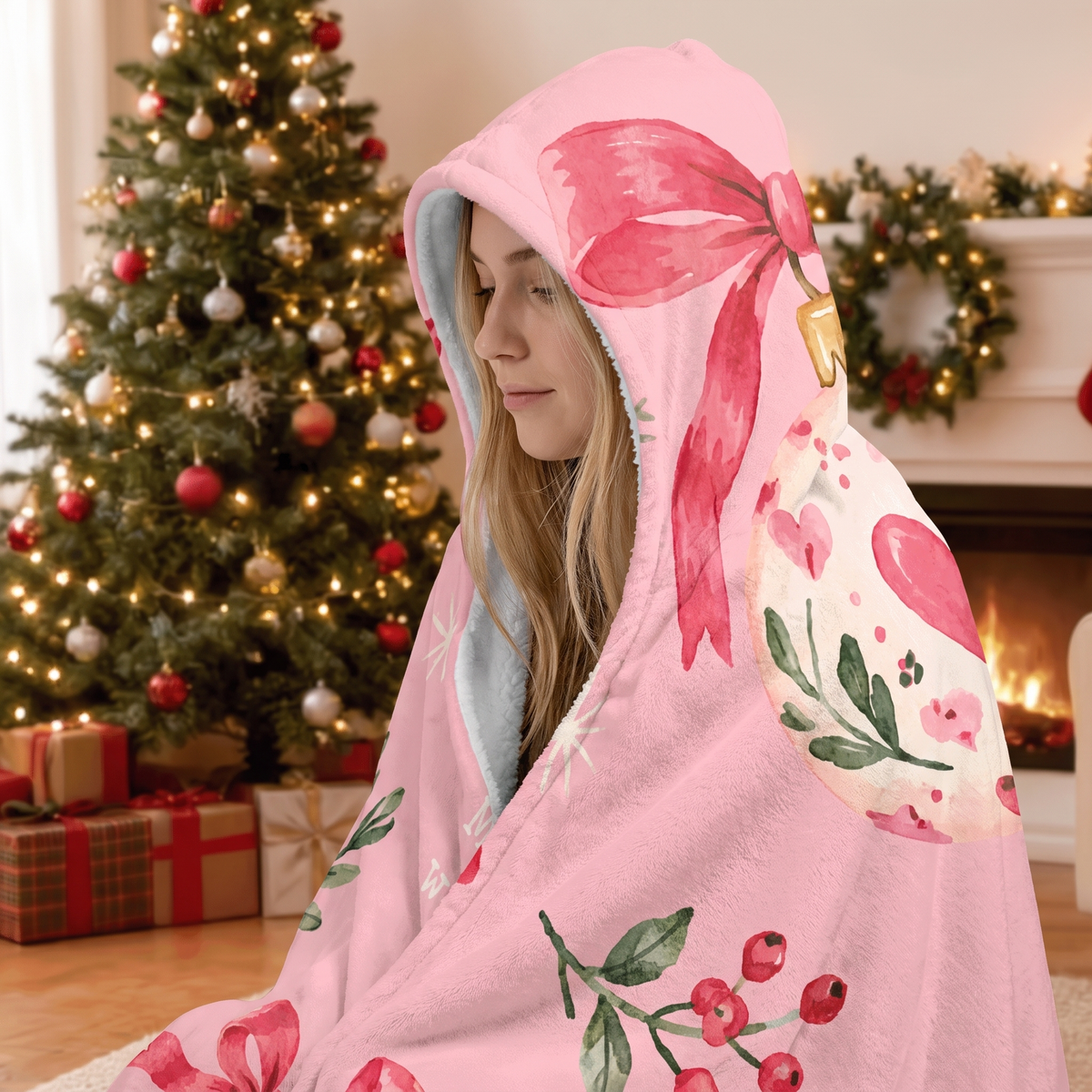 Custom name painted ornament ribbon bow Christmas hooded blanket, view 5
