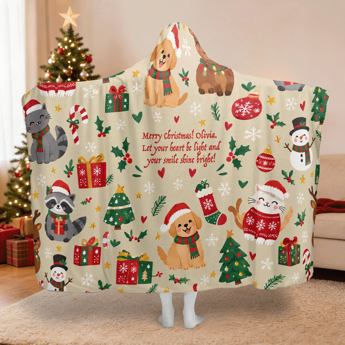 Personalized Christmas puppies kitties hooded blanket with custom name, back view