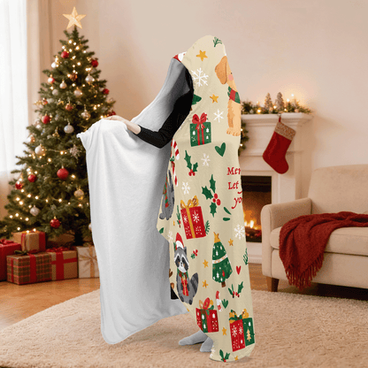 Personalized Christmas puppies kitties hooded blanket side view showing the sherpa lining