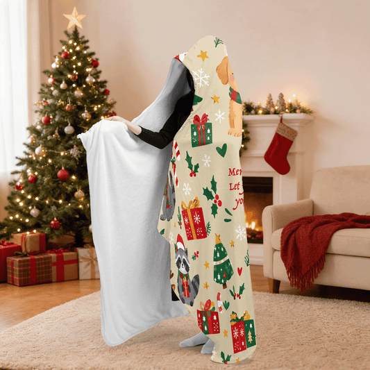 Personalized Christmas puppies kitties hooded blanket side view showing the sherpa lining