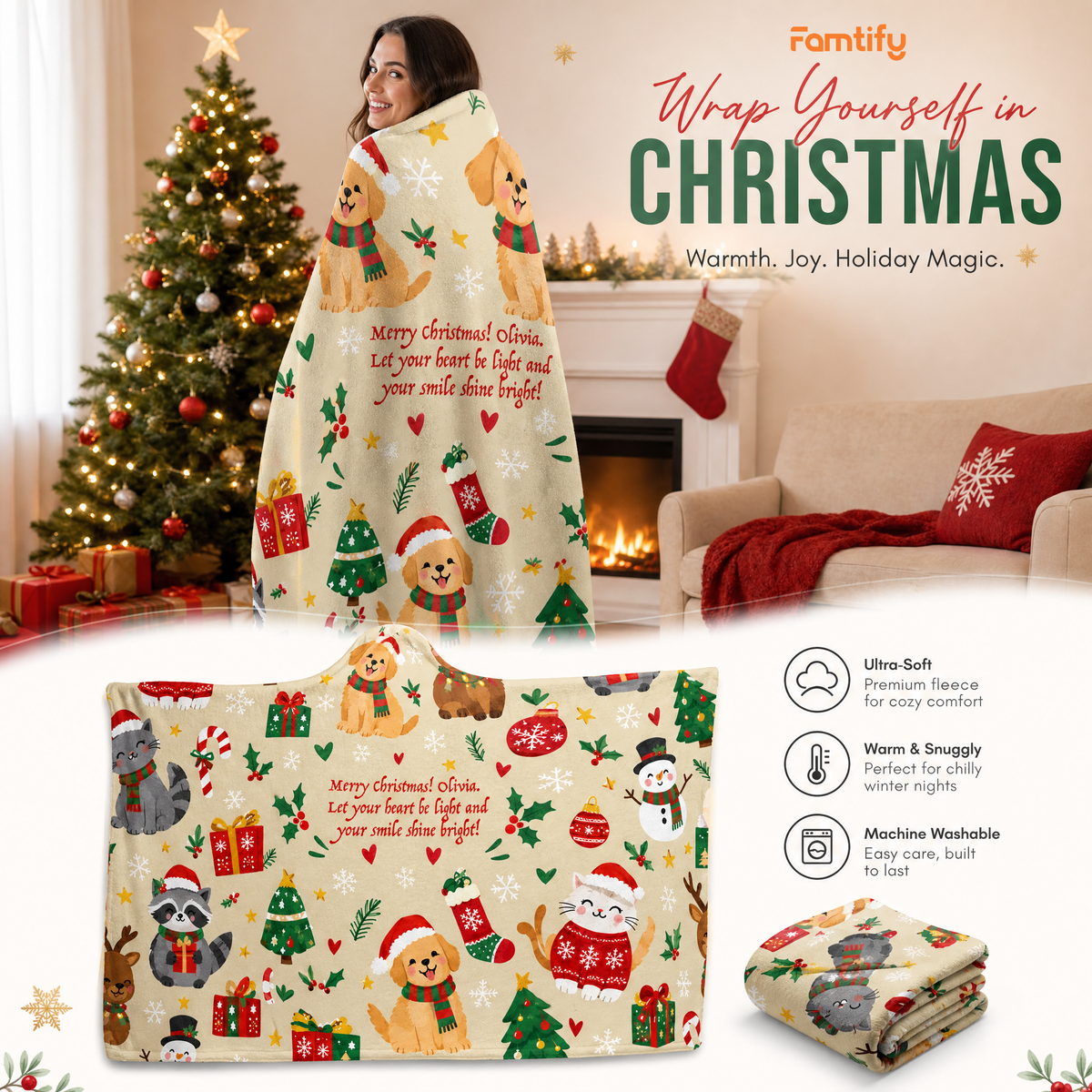 Custom name Christmas puppies kitties hooded blanket, view 3
