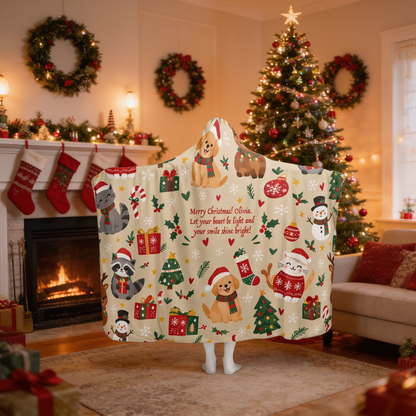 Custom name Christmas puppies kitties hooded blanket, view 4