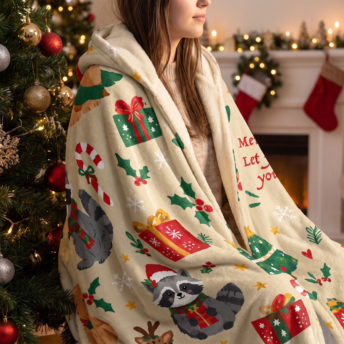 Custom name Christmas puppies kitties hooded blanket, view 5