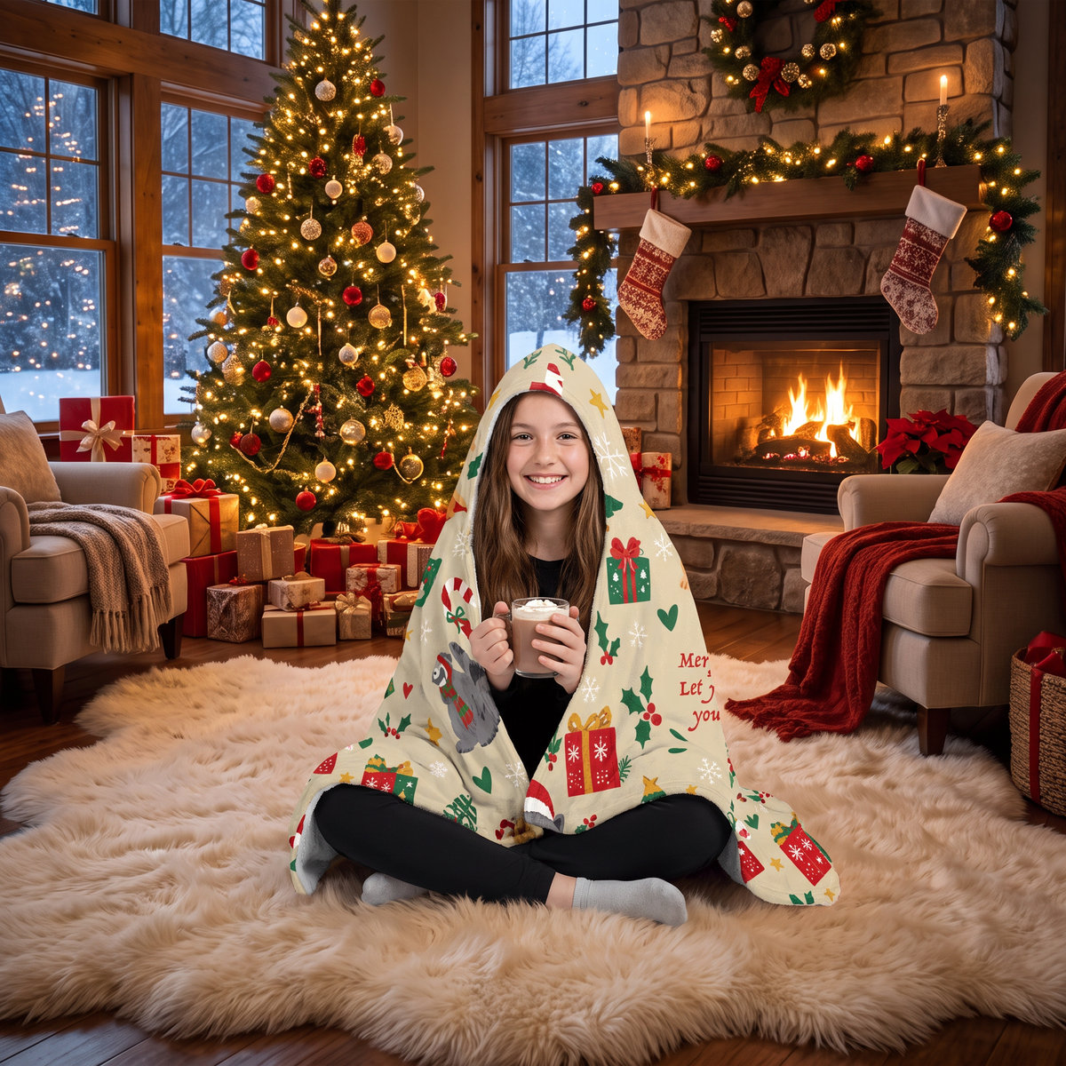 Custom name Christmas puppies kitties hooded blanket, view 6