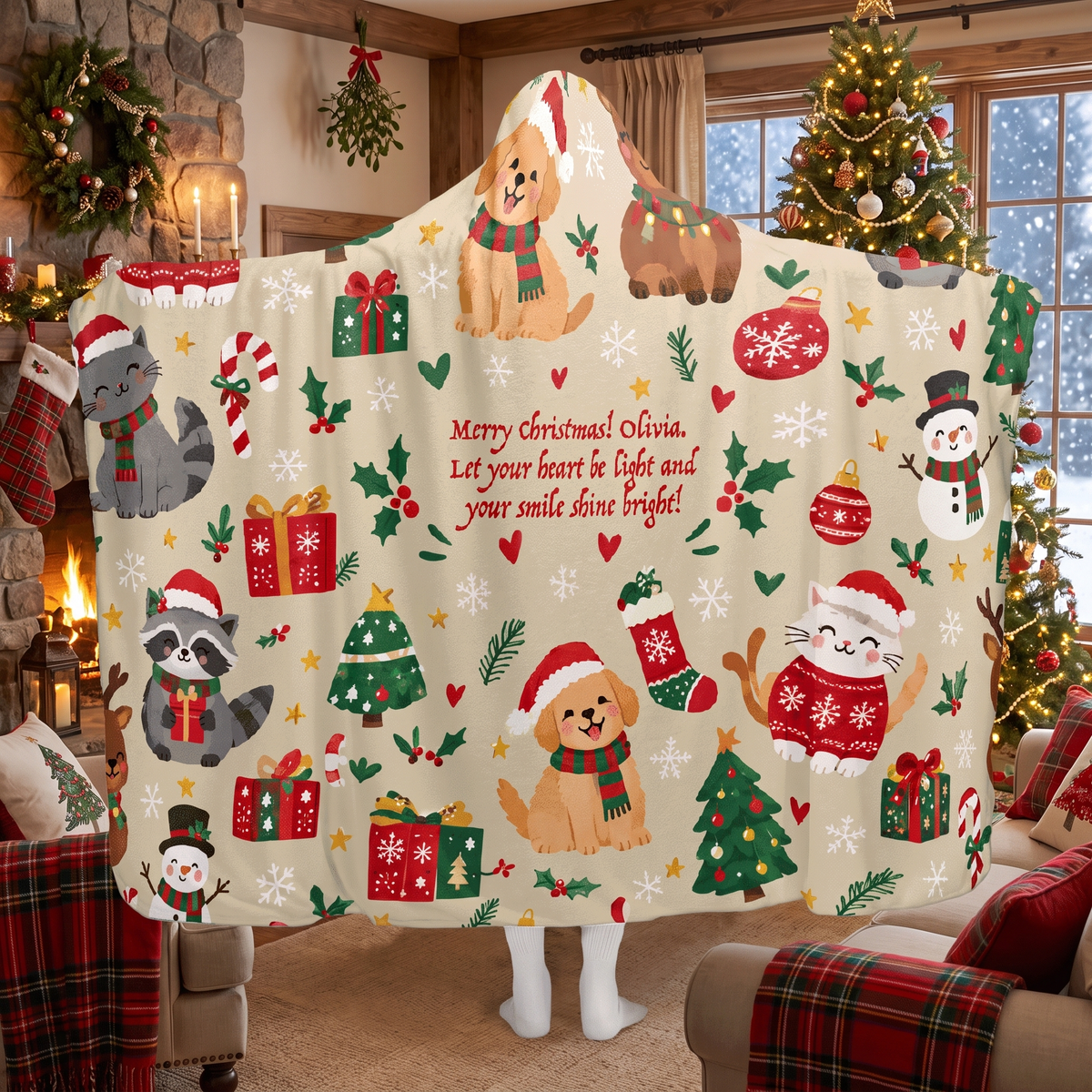 Custom name Christmas puppies kitties hooded blanket, view 7