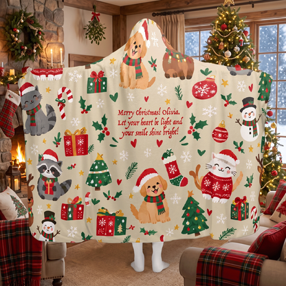 Custom name Christmas puppies kitties hooded blanket, view 7