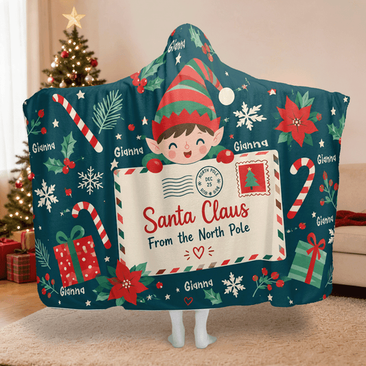 Personalized elf letter from North Pole Christmas hooded blanket with custom name, back view