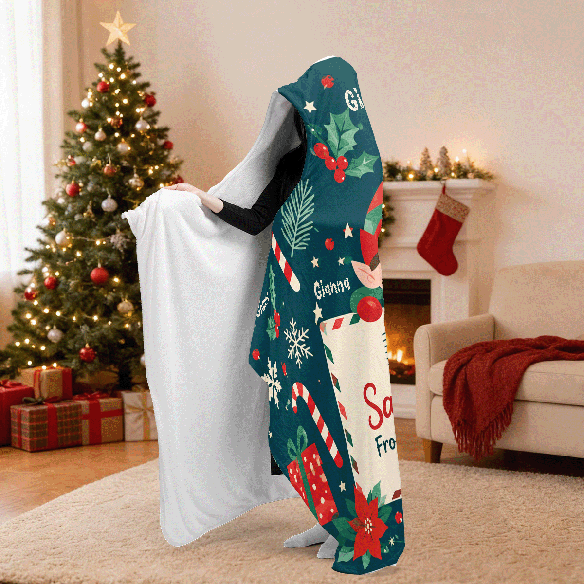 Personalized elf letter from North Pole hooded blanket side view showing the sherpa lining