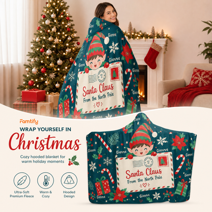 Custom name elf letter from North Pole Christmas hooded blanket, view 3